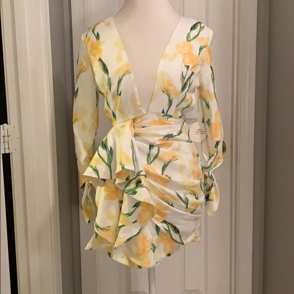 Yellow floral drape front mini dress